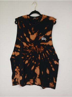 Stussy Black & Orange Tie-Dye Sleeveless T-Shirt Size XL pullover Mens Tank Top